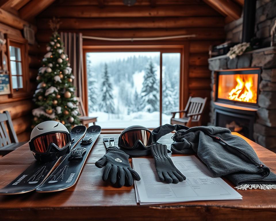 A beautifully arranged ski packing list laid out on a rustic wooden table in a cozy cabin. In the foreground, there are items like skis, a helmet, ski goggles, warm gloves, thermals, and a ski jacket, meticulously organized. The middle ground features a plush snow-covered landscape visible through a large window, showcasing pine trees and gentle snowfall. The background includes a warm fireplace flickering softly, casting a golden glow that enhances the inviting atmosphere. The scene is captured with soft, diffused lighting, emphasizing a sense of tranquility and preparation for winter sports adventures. The overall mood exudes warmth and excitement for skiing in the Sauerland region, inviting readers to immerse themselves in the winter experience.