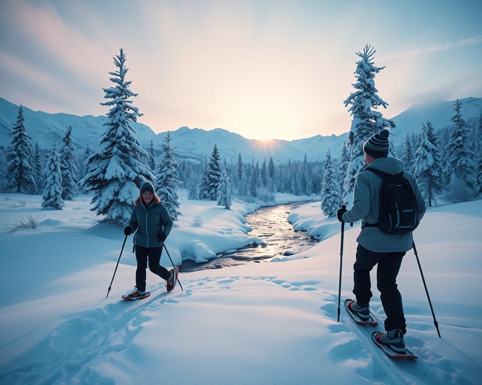 A breathtaking winter landscape showcasing snowshoe hiking in Lapland, Sweden. In the foreground, a couple dressed in warm, modest outdoor clothing are joyfully trekking over a blanket of glistening snow, their snowshoes leaving tracks behind. In the middle ground, snow-covered pine trees stand tall, their branches heavy with fresh snow, while a gentle stream, partially frozen, meanders through the scene. In the background, majestic mountains loom under a soft, pinkish sunrise, casting a warm glow across the snowy terrain. The atmosphere is serene and peaceful, with light falling softly over the landscape. Capture this moment with a wide-angle lens to emphasize the vastness, and a cool blue tone to enhance the winter mood, accentuated by delicate shadows. A breathtaking winter landscape showcasing snowshoe hiking in Lapland, Sweden. In the foreground, a couple dressed in warm, modest outdoor clothing are joyfully trekking over a blanket of glistening snow, their snowshoes leaving tracks behind. In the middle ground, snow-covered pine trees stand tall, their branches heavy with fresh snow, while a gentle stream, partially frozen, meanders through the scene. In the background, majestic mountains loom under a soft, pinkish sunrise, casting a warm glow across the snowy terrain. The atmosphere is serene and peaceful, with light falling softly over the landscape. Capture this moment with a wide-angle lens to emphasize the vastness, and a cool blue tone to enhance the winter mood, accentuated by delicate shadows.