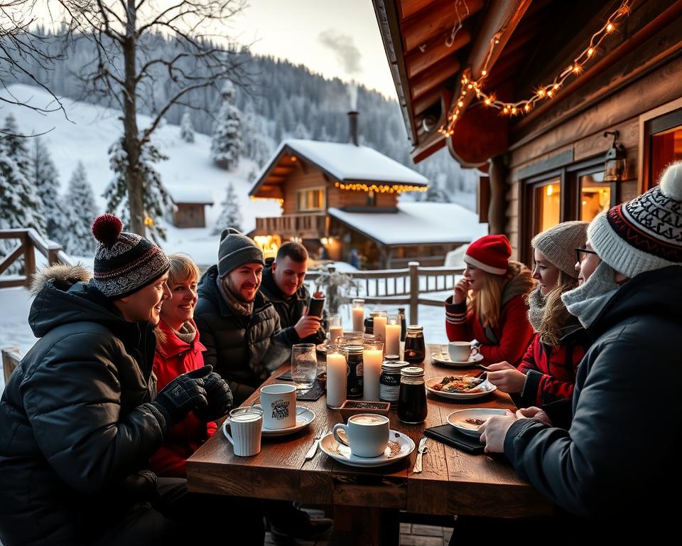 A cozy après-ski scene set in the picturesque Sauerland region, showcasing a charming wooden cabin restaurant surrounded by snow-covered trees. In the foreground, a group of friends in warm winter gear gathers around a rustic wooden table, enjoying mugs of steaming hot chocolate and plates of hearty regional dishes. The middle ground features the inviting cabin, adorned with twinkling fairy lights and smoke rising from the chimney. In the background, gentle snowy hills and ski slopes define the landscape, illuminated by the warm glow of the late afternoon sun. Soft shadows and a golden hour ambiance create a welcoming atmosphere, evoking a sense of relaxation and camaraderie after a day of winter sports.