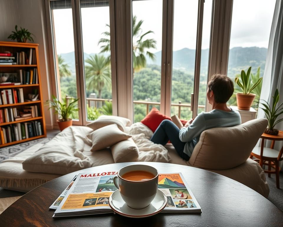 A cozy indoor scene depicting a couple enjoying a rainy day in Mallorca. The foreground features a table with a warm cup of tea and a colorful Mallorca guidebook open, scattered with vibrant postcards. In the middle ground, large windows show rain streaking down, framing the lush, green landscape outside—palm trees and the distant outline of hills. Soft, diffused light fills the room, creating a warm atmosphere contrasted by the gray, rainy backdrop. A bookshelf filled with travel guides and decorative plants adds a personal touch. The room exudes a welcoming vibe, ideal for leisure and exploration despite the changing weather.