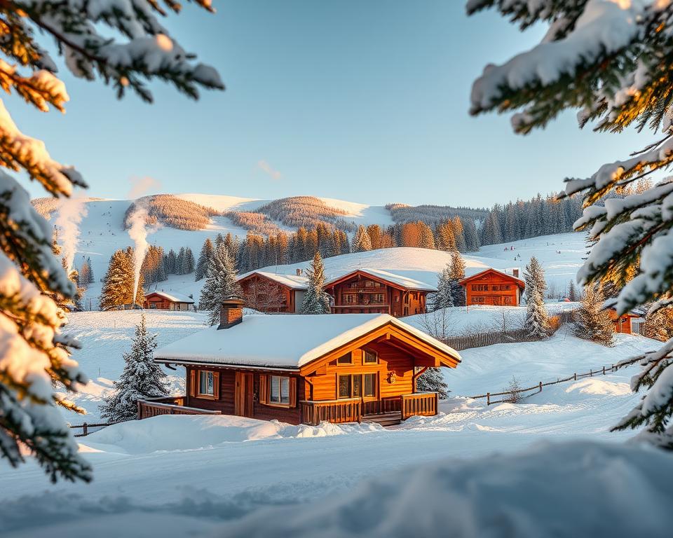 A cozy winter accommodation in the Sauerland region, set amidst a picturesque snowy landscape. In the foreground, a charming wooden chalet with smoke gently rising from the chimney, decorated with soft glowing lights. The middle ground features a group of inviting holiday apartments and hotels, surrounded by heaped snow. Snow-covered pine trees frame the scene, their branches heavy with white powder. In the background, rolling hills blanketed in white, with skiers gliding down slopes under a soft blue sky. The golden hue of late afternoon sun creates a warm glow, enhancing the tranquil and inviting atmosphere. The image should have a slightly shallow depth of field to emphasize the chalet while maintaining the scenic winter backdrop.