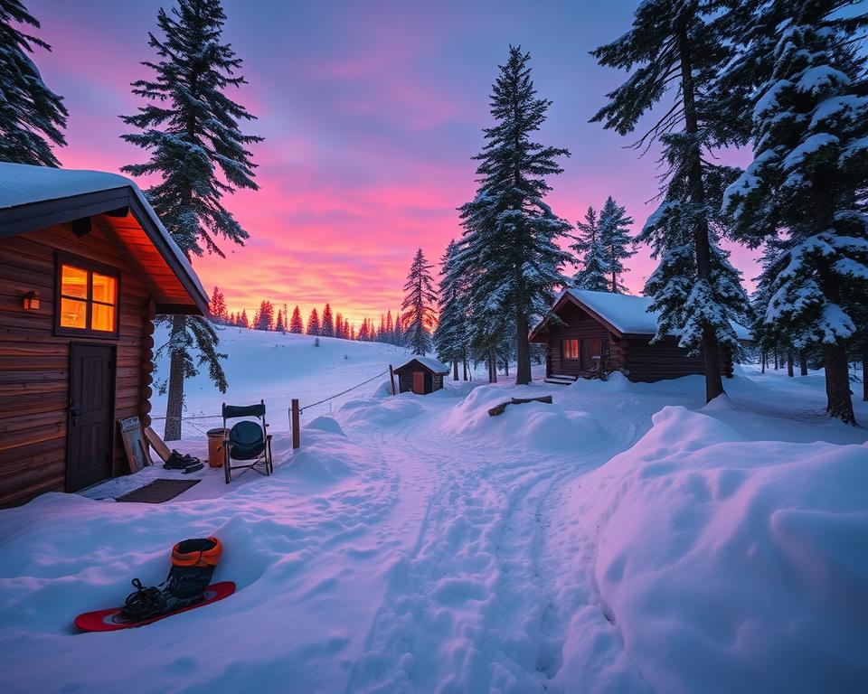 A cozy winter camping scene in Sweden, showcasing a snow-covered landscape with a rustic wooden cabin nestled among tall pine trees. In the foreground, a warm orange glow emanates from the cabin windows, suggesting a welcoming fire inside. Snowshoes and hiking gear are casually placed outside the door, indicating recent exploration. In the middle ground, soft mounds of snow blanket the ground, with a path leading through the trees. The background features a breathtaking sunset sky, painted in hues of pink and purple, casting a magical light over the snowy terrain. The scene is peaceful and serene, evoking a sense of adventure and tranquility, with gentle snowfall enhancing the winter ambiance. Use a wide-angle perspective to capture the expansive beauty of the landscape. A cozy winter camping scene in Sweden, showcasing a snow-covered landscape with a rustic wooden cabin nestled among tall pine trees. In the foreground, a warm orange glow emanates from the cabin windows, suggesting a welcoming fire inside. Snowshoes and hiking gear are casually placed outside the door, indicating recent exploration. In the middle ground, soft mounds of snow blanket the ground, with a path leading through the trees. The background features a breathtaking sunset sky, painted in hues of pink and purple, casting a magical light over the snowy terrain. The scene is peaceful and serene, evoking a sense of adventure and tranquility, with gentle snowfall enhancing the winter ambiance. Use a wide-angle perspective to capture the expansive beauty of the landscape.