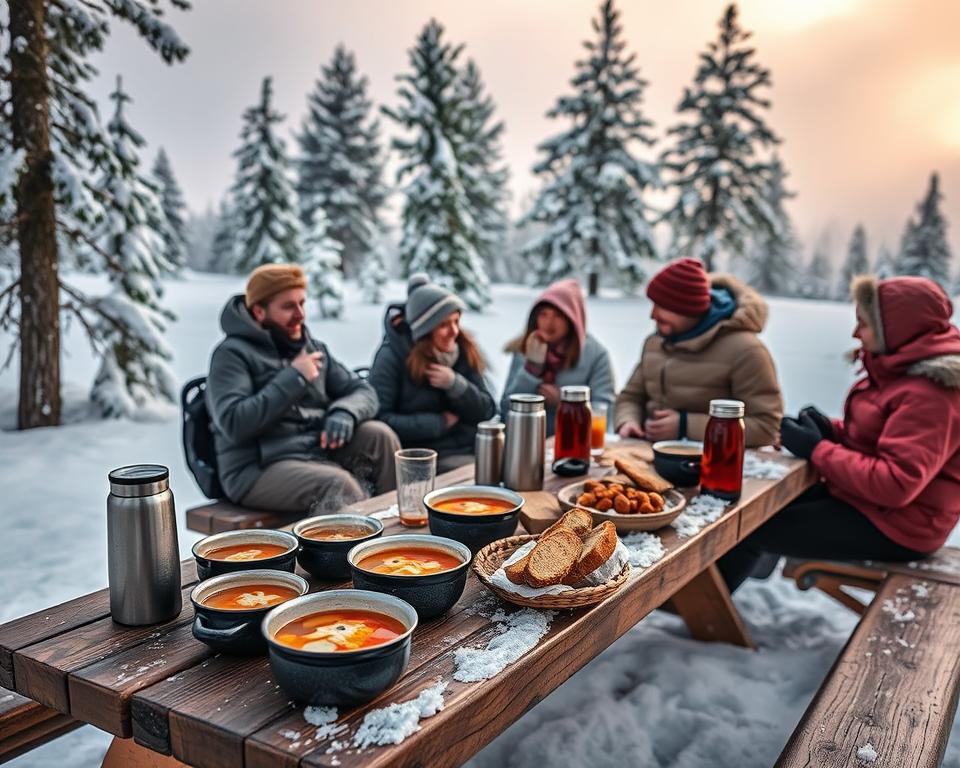 A cozy winter scene in a snowy Swedish landscape, showcasing a well-prepared outdoor picnic for snowshoe hikers. In the foreground, a rustic wooden table is laden with hearty, colorful dishes: steaming bowls of soup, fresh bread, and thermoses filled with warm beverages, surrounded by snow-covered trees. The middle ground features snowshoe hikers in modest, warm winter attire, enjoying their meal and chatting joyfully. In the background, softly falling snowflakes enhance the tranquil atmosphere, and distant pine trees frame the scene under a pale afternoon sky with gentle, diffused lighting. The mood is inviting and serene, capturing the essence of alpine culinary enjoyment amidst nature’s beauty. A cozy winter scene in a snowy Swedish landscape, showcasing a well-prepared outdoor picnic for snowshoe hikers. In the foreground, a rustic wooden table is laden with hearty, colorful dishes: steaming bowls of soup, fresh bread, and thermoses filled with warm beverages, surrounded by snow-covered trees. The middle ground features snowshoe hikers in modest, warm winter attire, enjoying their meal and chatting joyfully. In the background, softly falling snowflakes enhance the tranquil atmosphere, and distant pine trees frame the scene under a pale afternoon sky with gentle, diffused lighting. The mood is inviting and serene, capturing the essence of alpine culinary enjoyment amidst nature’s beauty.