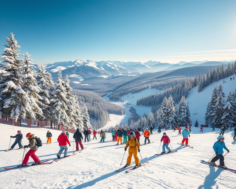 A picturesque view of the Sauerland ski area during winter, showcasing a vibrant snowy landscape filled with skiers and snowboarders enjoying their day. In the foreground, a group of diverse people in colorful ski attire is capturing the joy of winter sports, gliding gracefully down a snow-covered slope. The middle ground features well-groomed ski trails winding through tall snow-laden pine trees. In the background, the majestic mountains loom under a clear blue sky, with the soft glow of sunlight casting long shadows across the slopes. The scene is infused with an atmosphere of excitement and adventure, ideal for snow enthusiasts. Utilize soft natural lighting to enhance the serene winter ambiance, with a wide-angle lens to capture the expansive beauty of the Sauerland region.