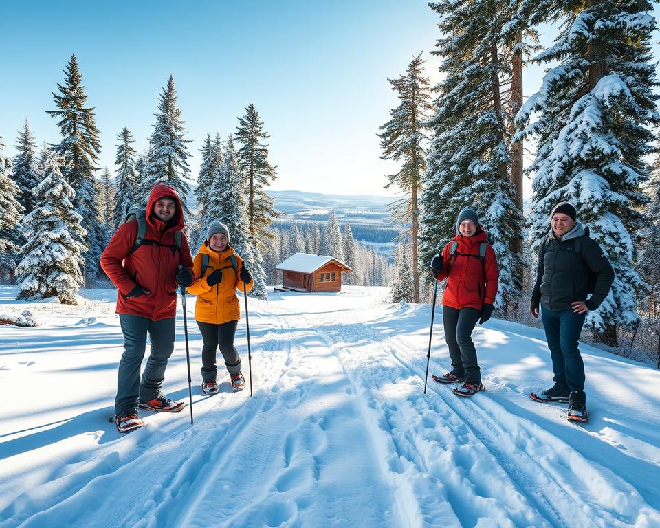 A picturesque winter landscape depicting the journey from Germany to Sweden, featuring a snow-covered forest path leading towards a small, snow-dusted Swedish cabin. In the foreground, show a group of four individuals dressed in warm, professional winter attire, equipped with snowshoes and trekking poles, joyfully preparing to set off on their snowy adventure. In the middle ground, capture the essence of the serene nature with tall, frosty pine trees and light snowflakes falling softly. The background showcases distant, rolling hills under a bright blue sky, hinting at the crispness of the winter air. Use soft, natural lighting to evoke a peaceful and inviting atmosphere, with a slightly elevated angle to capture the overall expanse of the wintry landscape. A picturesque winter landscape depicting the journey from Germany to Sweden, featuring a snow-covered forest path leading towards a small, snow-dusted Swedish cabin. In the foreground, show a group of four individuals dressed in warm, professional winter attire, equipped with snowshoes and trekking poles, joyfully preparing to set off on their snowy adventure. In the middle ground, capture the essence of the serene nature with tall, frosty pine trees and light snowflakes falling softly. The background showcases distant, rolling hills under a bright blue sky, hinting at the crispness of the winter air. Use soft, natural lighting to evoke a peaceful and inviting atmosphere, with a slightly elevated angle to capture the overall expanse of the wintry landscape.