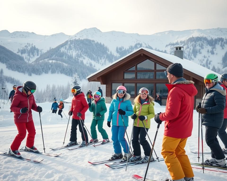 A picturesque winter landscape featuring the "Skischule Sauerland," with a backdrop of majestic snow-covered mountains. In the foreground, a group of enthusiastic beginners wearing colorful ski gear is engaged in a lesson with a friendly instructor, emphasizing their joyful expressions and proper skiing stance. The middle ground showcases ski equipment, like skis and poles, neatly arranged in a designated area, while a cozy chalet with large windows adds character. Gentle, soft lighting enhances the chilly atmosphere, creating a serene yet invigorating vibe. The scene is captured from a slightly elevated angle, lending a dynamic perspective. The overall mood reflects a sense of adventure, warmth, and encouragement, perfect for skiing novices eager to embark on their snowy journey.