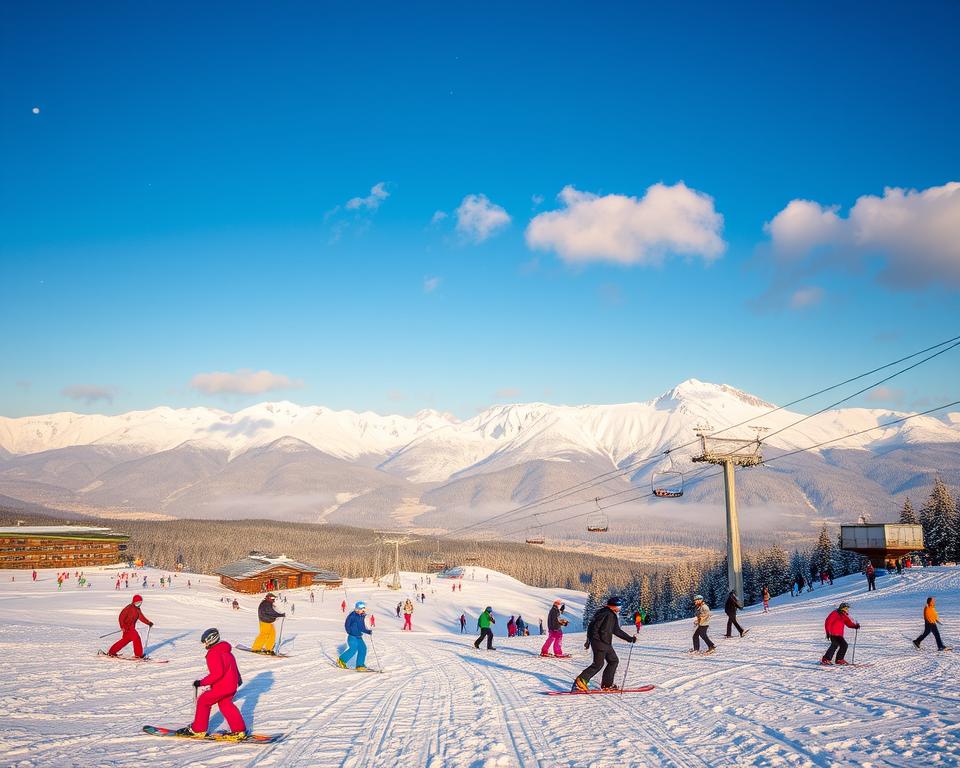 A picturesque winter landscape of Sauerland, showcasing a bustling ski resort. In the foreground, skiers and snowboarders in vibrant winter attire navigate powdery snow-covered slopes, displaying a variety of skiing techniques. In the middle ground, a series of modern ski lifts ascend the mountains, their cables stretching across the frosty air. The background features majestic, snow-capped peaks illuminated by soft, golden sunlight, creating a serene yet exhilarating atmosphere. The sky is a brilliant blue, dotted with a few fluffy white clouds. Snowflakes gently drift down, enhancing the winter wonderland feel. Capture this scene with a wide-angle lens to showcase the expansive nature of winter sports, emphasizing the thrill and beauty of Sauerland's winter offerings.