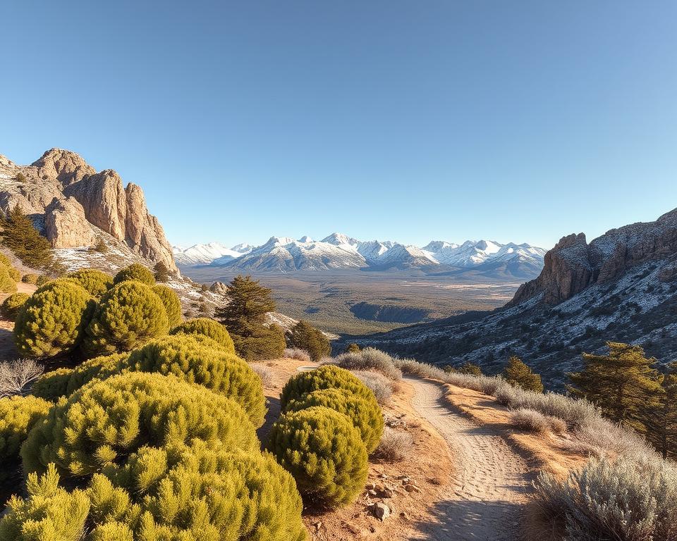 A picturesque winter scene in Mallorca showcasing a serene hiking trail surrounded by majestic mountains and rugged cliffs. In the foreground, a winding path lined with vibrant green shrubs leads towards a breathtaking viewpoint. The middle ground features a diverse landscape of pine trees dusted lightly with frost and rocky outcrops under a clear blue sky. In the background, snow-capped peaks glisten in the winter sunlight, casting gentle shadows over the landscape. The atmosphere is tranquil and inviting, with soft, diffused natural light that enhances the earthy tones of the scenery. Capture this idyllic moment with a wide-angle lens, emphasizing the expansive beauty of nature and the allure of winter hiking in Mallorca.