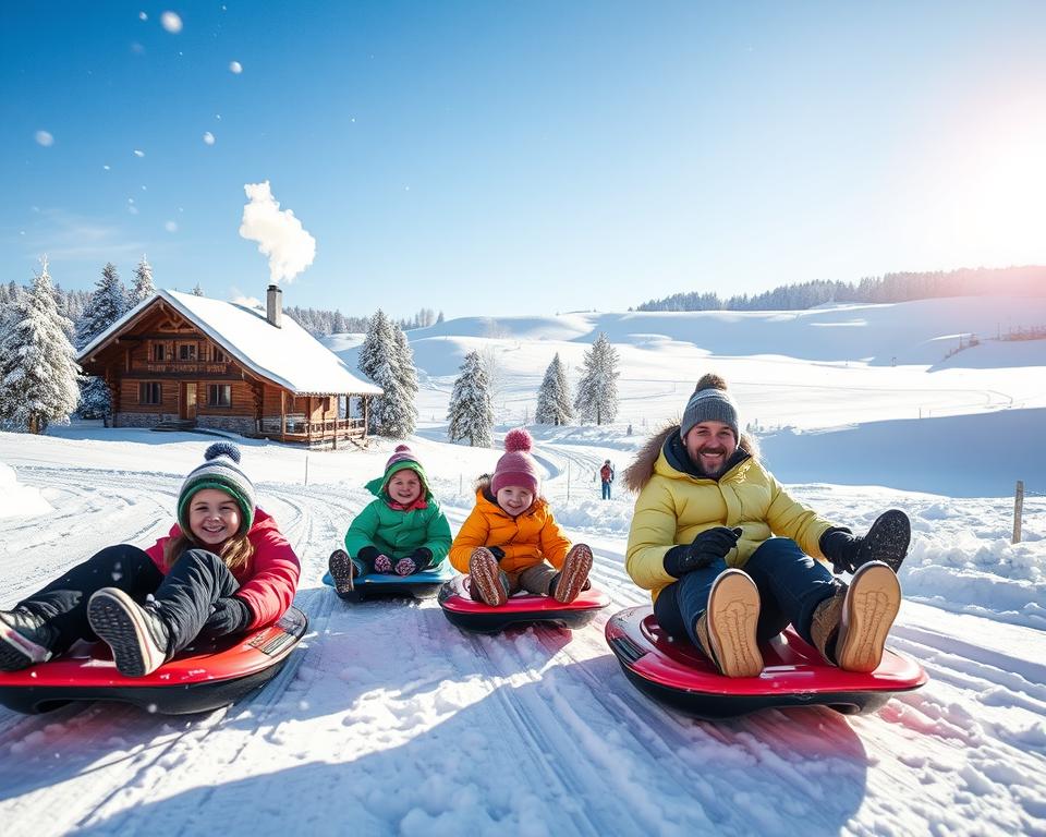 A picturesque winter scene in the Sauerland region, showcasing a family enjoying a day of sledding in a snowy landscape. In the foreground, children and parents, dressed in colorful winter jackets and hats, are playfully sliding down a gentle slope on sleds, their faces beaming with joy. Snowflakes twinkle in the crisp air, creating a magical atmosphere. In the middle ground, snow-covered trees and a cozy wooden chalet can be seen, with smoke gently rising from the chimney, suggesting warmth and comfort. The background features rolling hills blanketed in fresh snow under a bright blue sky, with soft sunlight casting a warm glow over the landscape, enhancing the cheerful winter experience. The overall mood is joyful and inviting, capturing the essence of family-friendly winter fun.