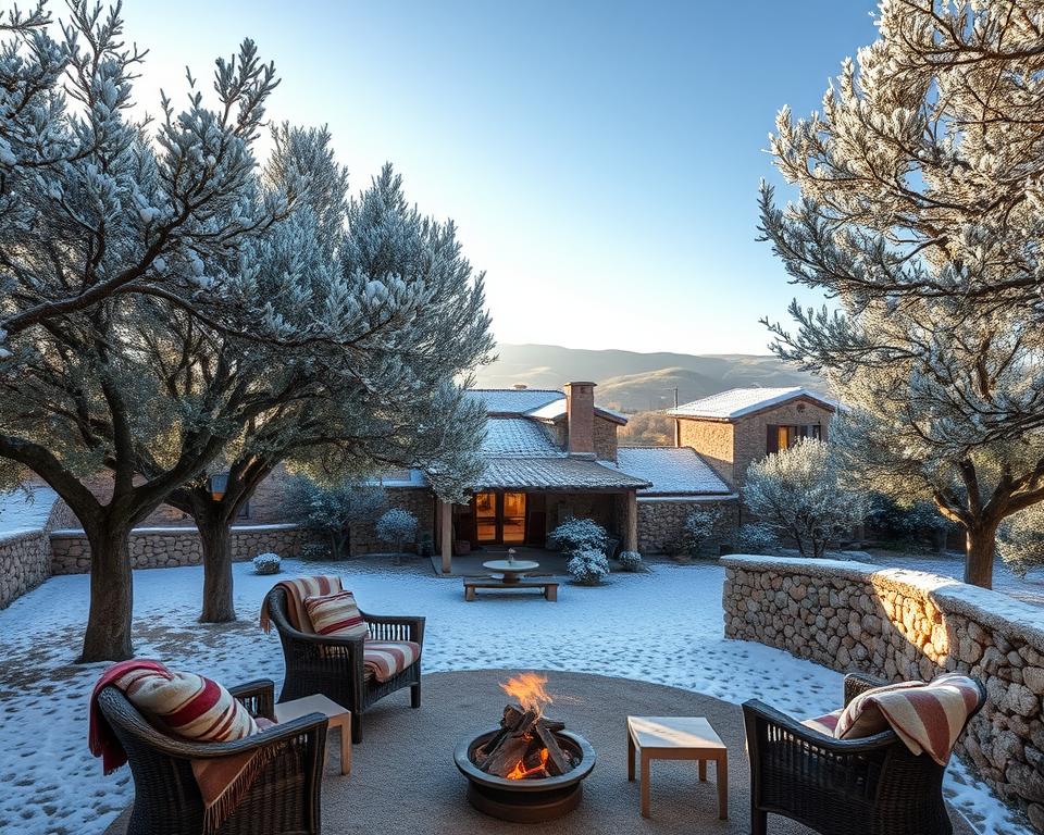 A picturesque winter scene of a charming finca in Mallorca, surrounded by snow-dusted olive trees and rustic stone walls. In the foreground, a cozy outdoor seating area with warm blankets and a small fire pit, emanating a soft glow. The middle ground features the finca itself, with its traditional architecture and welcoming windows, radiating warmth from within. The background includes the rolling hills of Mallorca, lightly blanketed in frost, under a crisp blue sky. Soft sunlight filters through the branches, creating a tranquil atmosphere. The image should capture a serene, inviting mood, emphasizing the allure of a winter getaway in this idyllic setting, focusing on the essence of cozy, charming accommodations.