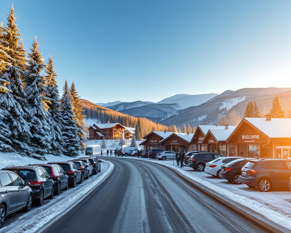 A picturesque winter scene showcasing the journey to Winterberg, Sauerland. In the foreground, a well-maintained road lined with snowy evergreens leads to a parking area filled with cars, and people in casual winter attire preparing for snow sports. The middle ground features cozy lodges and ski rental shops with welcoming signs. In the background, majestic mountains capped with fresh snow rise under a bright blue sky, creating a crisp, inviting atmosphere. The golden light of the late afternoon sun casts a warm glow, enhancing the serene mood. This scene captures the essence of mobility and accessibility for winter sports enthusiasts, emphasizing the joy of arriving at this winter wonderland.