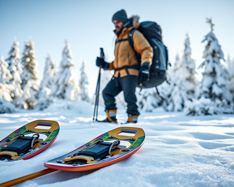 A scenic winter landscape in Sweden showcasing snowshoeing equipment in the foreground. In the foreground, a pair of snowshoes with bright colors rested on fresh, untouched snow next to a set of trekking poles. In the middle ground, a figure dressed in warm, layered clothing with a winter jacket, gloves, and a beanie, is standing beside a robust backpack. The background features snow-covered pine trees and a clear blue sky, casting a serene atmosphere. Soft, natural lighting highlights the glistening snow, enhancing the tranquil mood of a winter hike. The composition is well-balanced, capturing both the equipment and the beauty of the snowy Swedish wilderness. A scenic winter landscape in Sweden showcasing snowshoeing equipment in the foreground. In the foreground, a pair of snowshoes with bright colors rested on fresh, untouched snow next to a set of trekking poles. In the middle ground, a figure dressed in warm, layered clothing with a winter jacket, gloves, and a beanie, is standing beside a robust backpack. The background features snow-covered pine trees and a clear blue sky, casting a serene atmosphere. Soft, natural lighting highlights the glistening snow, enhancing the tranquil mood of a winter hike. The composition is well-balanced, capturing both the equipment and the beauty of the snowy Swedish wilderness.