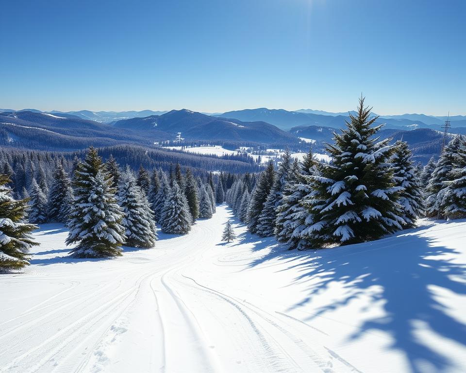 A scenic winter landscape in the Sauerland region, showcasing a pristine snow-covered terrain. In the foreground, there are well-groomed ski slopes with gentle turns, dotted with small ski tracks leading into the distance. The middle ground features evergreen trees heavy with fresh snow, creating a beautiful contrast against the clear blue sky. In the background, rolling hills and majestic mountains rise, their peaks glistening under the bright winter sun. The atmosphere is tranquil and inviting, perfect for winter sports enthusiasts. The lighting is bright and natural, casting soft shadows on the snow. The image should evoke a sense of adventure and safety in a winter wonderland, ideal for planning a skiing trip.