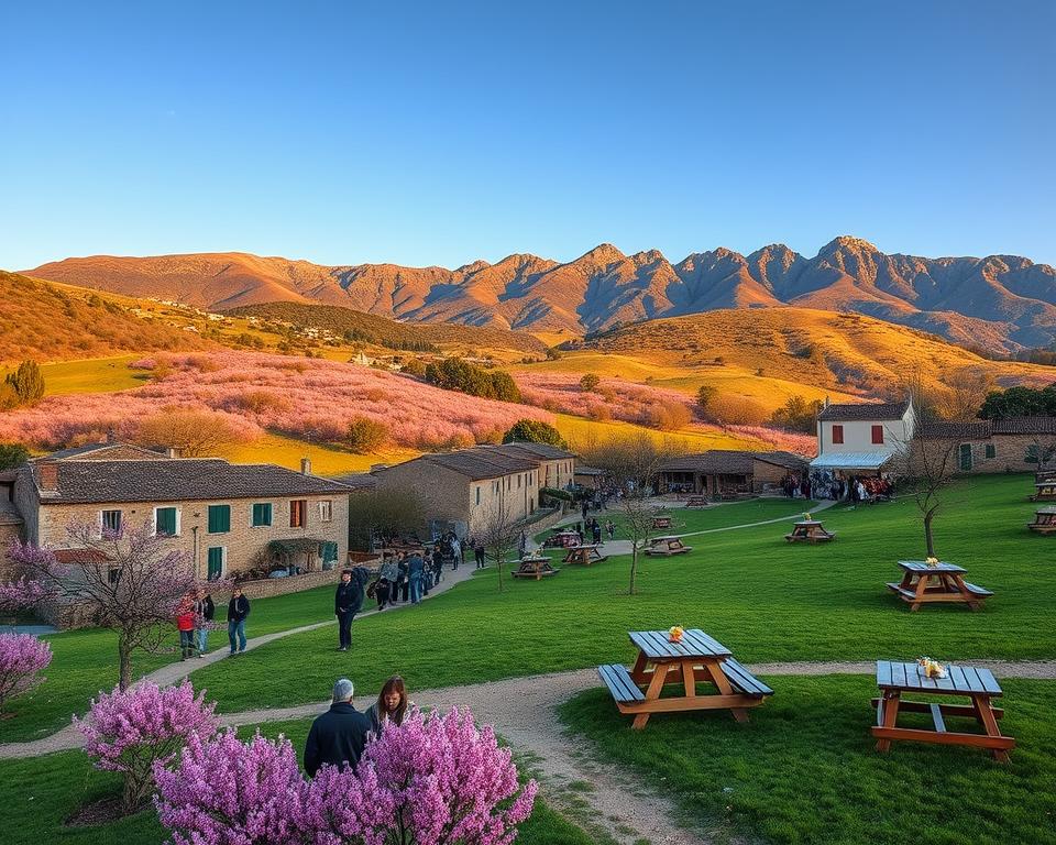A serene landscape of Mallorca during the almond blossom season, featuring rolling hills covered in vibrant pink almond flowers. In the foreground, a quaint village with traditional stone houses, where residents in modest casual clothing enjoy a small, local festival. The middle ground highlights lush green meadows dotted with rustic wooden picnic tables and cheerful local decorations. In the background, the majestic Tramuntana Mountains create a stunning backdrop against a clear blue sky, infused with warm, golden sunset light. The scene captures a tranquil and festive atmosphere, emphasizing the unique charm of Mallorca in winter. The composition should use a wide-angle perspective to enhance depth and convey the beauty of this hidden gem.