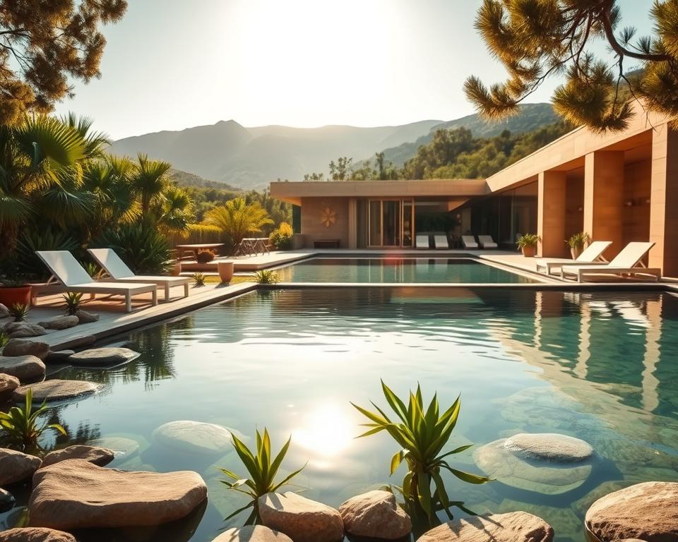 A serene thermal spa in Palma, Mallorca, set against a backdrop of lush greenery and soft mountains. In the foreground, a tranquil outdoor hot spring surrounded by smooth stones and delicate tropical plants. Comfortable loungers are positioned at the edges, inviting relaxation under gentle sunlight. The middle part features an elegant spa building with large glass windows reflecting the surrounding nature, and light wooden accents, creating a harmonious blend with the environment. In the background, gentle hills are bathed in warm, golden sunlight, creating a peaceful and inviting atmosphere. The overall mood is calm and rejuvenating, capturing the essence of wellness and tranquility with soft, natural lighting.