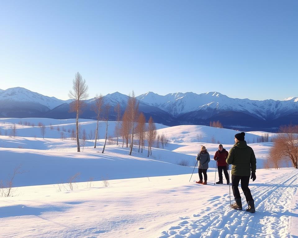 A serene winter landscape in Sweden depicting sustainable travel through nature and Sami territories. In the foreground, a small group of travelers, dressed in modest winter attire, are enjoying a snowshoeing experience, their breath visible in the crisp air. The middle ground features rolling hills blanketed in soft, untouched snow, with slender birch trees gently swaying in the breeze. In the background, majestic snow-capped mountains rise under a clear blue sky, infusing the scene with a sense of adventure and tranquility. The soft, golden light of the late afternoon sun casts long shadows and adds warmth to the cool scenery. The mood is peaceful and respectful, emphasizing the beauty of nature and the importance of sustainable travel practices. A serene winter landscape in Sweden depicting sustainable travel through nature and Sami territories. In the foreground, a small group of travelers, dressed in modest winter attire, are enjoying a snowshoeing experience, their breath visible in the crisp air. The middle ground features rolling hills blanketed in soft, untouched snow, with slender birch trees gently swaying in the breeze. In the background, majestic snow-capped mountains rise under a clear blue sky, infusing the scene with a sense of adventure and tranquility. The soft, golden light of the late afternoon sun casts long shadows and adds warmth to the cool scenery. The mood is peaceful and respectful, emphasizing the beauty of nature and the importance of sustainable travel practices.