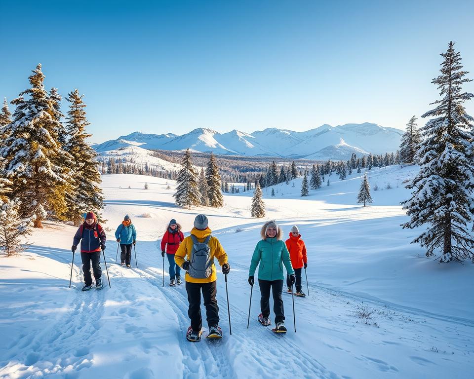 A serene winter landscape in Sweden during the optimal time for snowshoe trekking. In the foreground, a group of diverse individuals, dressed in colorful winter attire, is joyfully exploring a snowy trail, each wearing snowshoes. The middle ground features gently rolling hills blanketed in a thick layer of pristine snow, with a scattering of tall, frosted pine trees. In the background, a majestic mountain range looms under a clear blue sky, hinting at the crispness of the air. Soft, golden sunlight bathes the scene, creating a warm glow that contrasts with the cool tones of the snow. The atmosphere is inviting and adventurous, capturing the essence of winter exploration in Sweden. A serene winter landscape in Sweden during the optimal time for snowshoe trekking. In the foreground, a group of diverse individuals, dressed in colorful winter attire, is joyfully exploring a snowy trail, each wearing snowshoes. The middle ground features gently rolling hills blanketed in a thick layer of pristine snow, with a scattering of tall, frosted pine trees. In the background, a majestic mountain range looms under a clear blue sky, hinting at the crispness of the air. Soft, golden sunlight bathes the scene, creating a warm glow that contrasts with the cool tones of the snow. The atmosphere is inviting and adventurous, capturing the essence of winter exploration in Sweden.