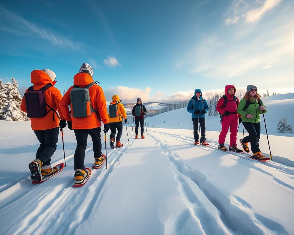 A serene winter landscape in Sweden, featuring a group of diverse individuals equipped for snowshoe hiking, demonstrating the "onion principle" of layering clothing for warmth. In the foreground, the hikers are wearing brightly colored, insulated jackets, thermal base layers, and fleeces, showing various styles and colors. The middle ground includes snow-covered trees and gentle hills, with tracks trailing behind the snowshoes. The background reveals a clear blue sky with soft, golden sunlight filtering through clouds, casting a warm glow on the snowy scene. Capture the tranquil yet adventurous mood of winter exploration, using a wide-angle lens to emphasize the vastness of the landscape. The atmosphere should evoke a feeling of excitement and comfort in the cold. A serene winter landscape in Sweden, featuring a group of diverse individuals equipped for snowshoe hiking, demonstrating the "onion principle" of layering clothing for warmth. In the foreground, the hikers are wearing brightly colored, insulated jackets, thermal base layers, and fleeces, showing various styles and colors. The middle ground includes snow-covered trees and gentle hills, with tracks trailing behind the snowshoes. The background reveals a clear blue sky with soft, golden sunlight filtering through clouds, casting a warm glow on the snowy scene. Capture the tranquil yet adventurous mood of winter exploration, using a wide-angle lens to emphasize the vastness of the landscape. The atmosphere should evoke a feeling of excitement and comfort in the cold.