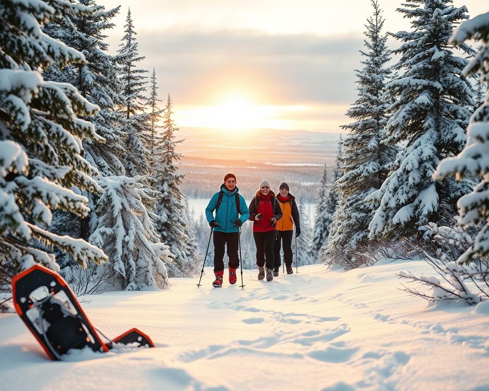 A serene winter landscape in Sweden, featuring a snow-covered forest trail ideal for snowshoeing. In the foreground, a pair of snowshoes rests on the glistening white snow, surrounded by frosted pine trees. In the middle ground, a group of three diverse individuals dressed in colorful winter apparel, engaged in snowshoeing, are seen enjoying their hike. They are smiling and taking in the beauty of their surroundings. The background showcases a distant range of snow-dusted mountains under a soft, glowing sunset that casts warm golden hues across the scene. The atmosphere is tranquil yet joyful, evoking a sense of adventure and connection with nature. Soft, diffused lighting enhances the peaceful mood of this winter paradise. A serene winter landscape in Sweden, featuring a snow-covered forest trail ideal for snowshoeing. In the foreground, a pair of snowshoes rests on the glistening white snow, surrounded by frosted pine trees. In the middle ground, a group of three diverse individuals dressed in colorful winter apparel, engaged in snowshoeing, are seen enjoying their hike. They are smiling and taking in the beauty of their surroundings. The background showcases a distant range of snow-dusted mountains under a soft, glowing sunset that casts warm golden hues across the scene. The atmosphere is tranquil yet joyful, evoking a sense of adventure and connection with nature. Soft, diffused lighting enhances the peaceful mood of this winter paradise.