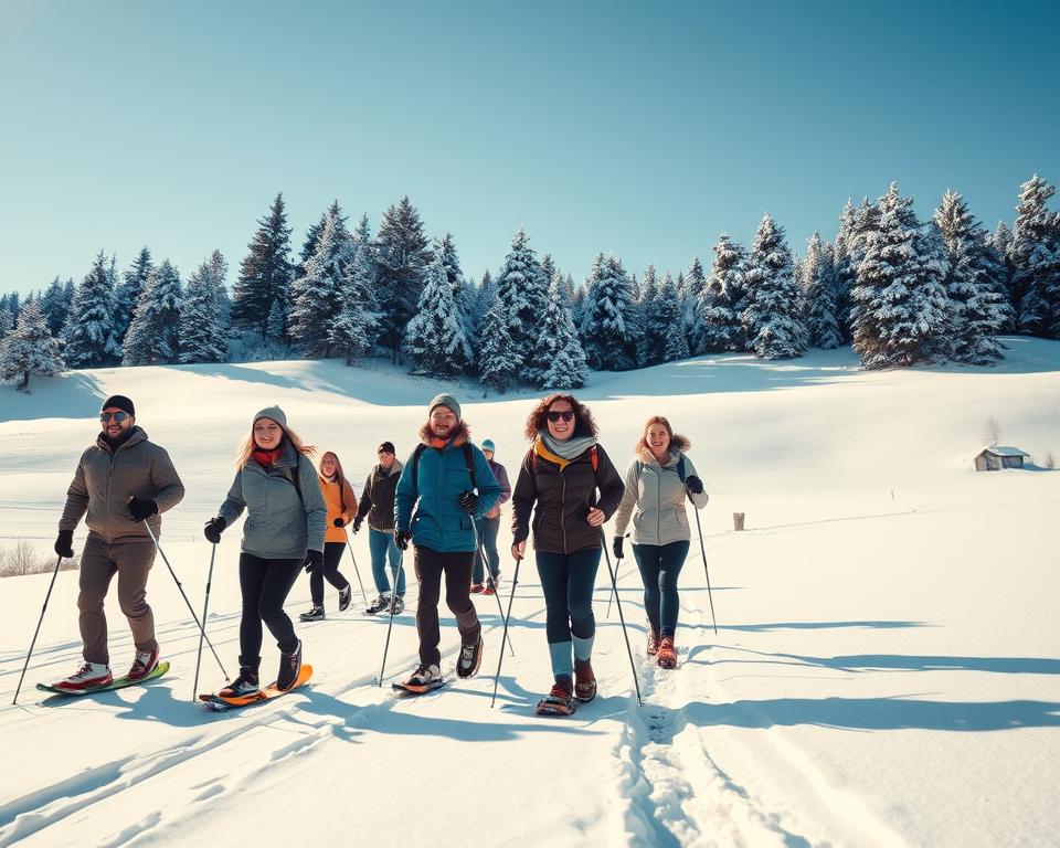 A serene winter landscape in Sweden, showcasing a group of people in modest casual clothing snowshoeing across a pristine white field. In the foreground, a diverse range of individuals, including men and women, are engaged in snowshoeing, their expressions filled with joy and excitement. The middle ground features gently rolling snow-covered hills, dotted with evergreen trees blanketed in a soft layer of snow. In the background, a clear blue sky adds warmth to the scene, with soft sunlight filtering through the branches, creating a cozy, inviting atmosphere. The image captures the thrill of outdoor adventures, emphasizing winter sports and the budget-friendly nature of snowshoe hiking in Sweden, framed at eye level for a personal perspective. The overall mood is cheerful and adventurous, inspiring a love for winter exploration. A serene winter landscape in Sweden, showcasing a group of people in modest casual clothing snowshoeing across a pristine white field. In the foreground, a diverse range of individuals, including men and women, are engaged in snowshoeing, their expressions filled with joy and excitement. The middle ground features gently rolling snow-covered hills, dotted with evergreen trees blanketed in a soft layer of snow. In the background, a clear blue sky adds warmth to the scene, with soft sunlight filtering through the branches, creating a cozy, inviting atmosphere. The image captures the thrill of outdoor adventures, emphasizing winter sports and the budget-friendly nature of snowshoe hiking in Sweden, framed at eye level for a personal perspective. The overall mood is cheerful and adventurous, inspiring a love for winter exploration.