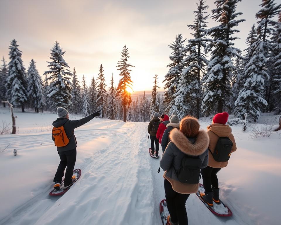 A serene winter landscape in Sweden, showcasing a guided snowshoe tour in picturesque snowy woods. In the foreground, a small group of diverse people dressed in warm, casual winter attire enthusiastically trudges along a snow-covered path, led by a knowledgeable guide pointing towards a beautiful viewpoint. In the middle ground, tall pines covered in fresh white snow create a tranquil atmosphere, while a light dusting of snowflakes falls gently around the group. The background features a soft, pastel sunset casting a warm glow over the horizon, creating a magical ambiance. The scene is captured with a wide-angle lens, emphasizing the depth of the landscape, and soft, diffused lighting to enhance the peaceful mood of the guided adventure. A serene winter landscape in Sweden, showcasing a guided snowshoe tour in picturesque snowy woods. In the foreground, a small group of diverse people dressed in warm, casual winter attire enthusiastically trudges along a snow-covered path, led by a knowledgeable guide pointing towards a beautiful viewpoint. In the middle ground, tall pines covered in fresh white snow create a tranquil atmosphere, while a light dusting of snowflakes falls gently around the group. The background features a soft, pastel sunset casting a warm glow over the horizon, creating a magical ambiance. The scene is captured with a wide-angle lens, emphasizing the depth of the landscape, and soft, diffused lighting to enhance the peaceful mood of the guided adventure.