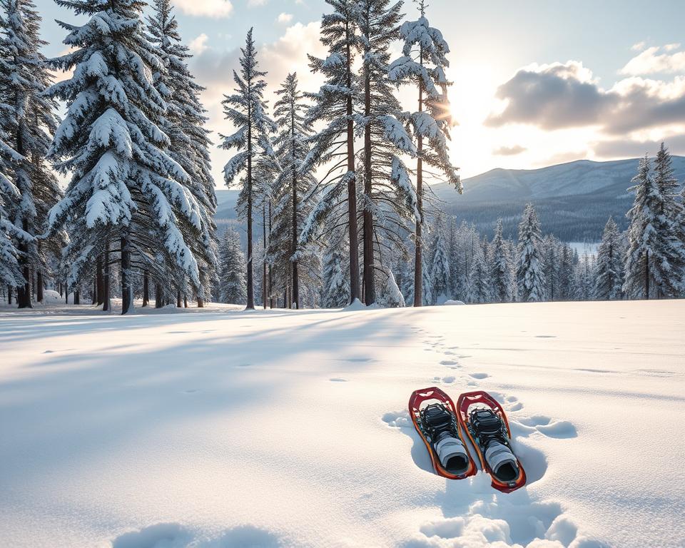 A serene winter landscape in Sweden, showcasing a snowy forest draped in soft, white snow. In the foreground, a pair of snowshoes resting on unbroken, glistening snow, hinting at the adventure that awaits. In the mid-ground, tall pine trees adorned with snow-laden branches stand gracefully, their shadows casting delicate patterns on the snowy ground. The background features distant snow-covered hills fading into a pale blue sky, with soft golden sunlight breaking through fluffy clouds, creating a magical warm glow. Capture this scene with a wide-angle lens to emphasize the vastness of the winter wonderland, with a focus on clarity and depth. The mood is tranquil and inviting, evoking a sense of exploration and connection with nature. A serene winter landscape in Sweden, showcasing a snowy forest draped in soft, white snow. In the foreground, a pair of snowshoes resting on unbroken, glistening snow, hinting at the adventure that awaits. In the mid-ground, tall pine trees adorned with snow-laden branches stand gracefully, their shadows casting delicate patterns on the snowy ground. The background features distant snow-covered hills fading into a pale blue sky, with soft golden sunlight breaking through fluffy clouds, creating a magical warm glow. Capture this scene with a wide-angle lens to emphasize the vastness of the winter wonderland, with a focus on clarity and depth. The mood is tranquil and inviting, evoking a sense of exploration and connection with nature.