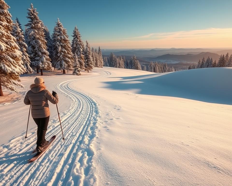 A serene winter landscape in the Sauerland region, showcasing a network of well-groomed cross-country ski trails winding through a forest of snow-covered pine trees. In the foreground, a skilled skier clad in a stylish, modest winter outfit gracefully glides along the trail, capturing the essence of langlauf. The middle ground features gently rolling hills blanketed in fresh, powdery snow, with discreet ski tracks visible under soft, diffused sunlight. The background displays a picturesque view of distant mountains under a clear blue sky, evoking a tranquil atmosphere. The scene is illuminated by warm, golden light, emphasizing the sparkling snow and enhancing the overall feeling of joy and adventure in this winter wonderland.