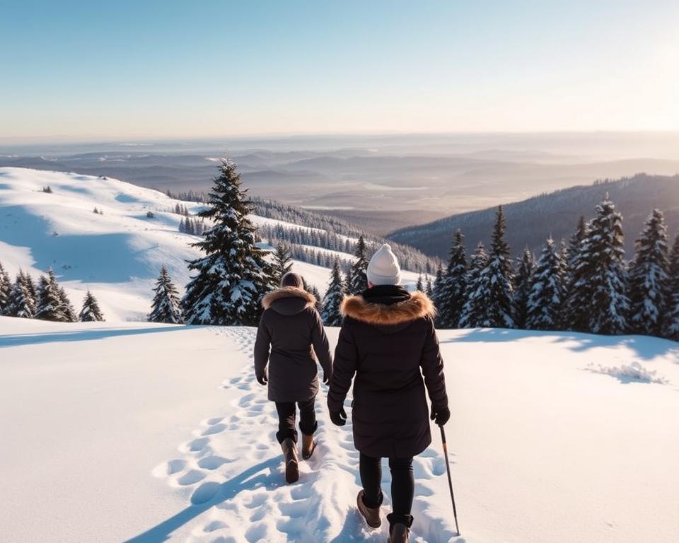 A serene winter landscape in the Sauerland region, showcasing a picturesque hiking trail blanketed in pristine snow. In the foreground, a couple dressed in warm, modest winter attire walks side by side, their footprints leading into the untouched snow. The middle ground features gently rolling hills with fir trees weighed down by snow, creating a sense of depth. The background reveals a distant mountain range under a clear blue sky, accented by soft, golden sunlight casting long shadows. The atmosphere is tranquil and inviting, evoking a sense of peace and connection with nature. The scene is captured from a slightly elevated angle, emphasizing the natural beauty and pristine wilderness of winter hiking in Sauerland.