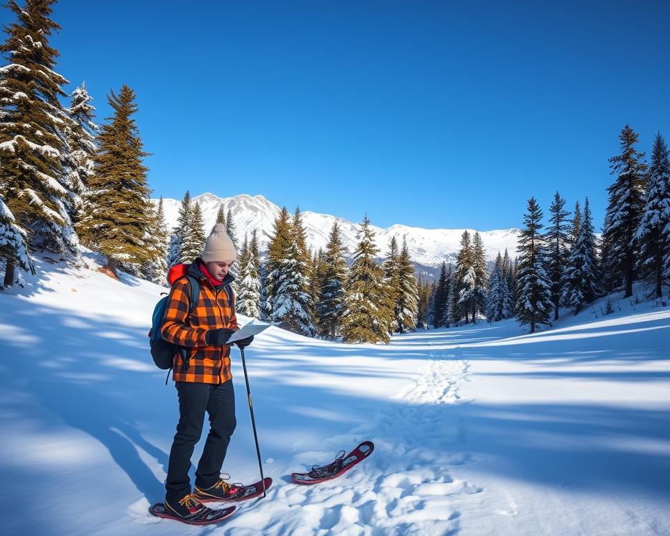 A serene winter landscape showcasing safety in snowshoeing, with a foreground featuring two individuals dressed in warm, professional outdoor attire, carefully examining a map and discussing their route. In the middle ground, a gentle slope leads into a snow-covered forest of tall pine trees, hinting at the need for awareness of potential avalanche risks. The background exhibits majestic snow-capped mountains under a clear blue sky, indicating favorable weather conditions. Soft, diffused sunlight creates a warm and inviting atmosphere, with the shadows of the trees adding depth to the scene. Capture this in a slightly elevated angle to encompass the full scope of the snowy terrain, emphasizing the beauty and tranquility of safe snowshoe adventures. A serene winter landscape showcasing safety in snowshoeing, with a foreground featuring two individuals dressed in warm, professional outdoor attire, carefully examining a map and discussing their route. In the middle ground, a gentle slope leads into a snow-covered forest of tall pine trees, hinting at the need for awareness of potential avalanche risks. The background exhibits majestic snow-capped mountains under a clear blue sky, indicating favorable weather conditions. Soft, diffused sunlight creates a warm and inviting atmosphere, with the shadows of the trees adding depth to the scene. Capture this in a slightly elevated angle to encompass the full scope of the snowy terrain, emphasizing the beauty and tranquility of safe snowshoe adventures.