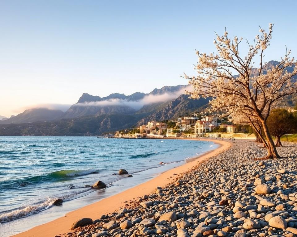 A serene winter scene of Mallorca, showcasing its stunning coastline under a soft, golden sunset light. In the foreground, a quiet beach with gentle waves lapping at the shore, dotted with smooth stones and a few picturesque pine trees. In the middle ground, a quaint village with traditional Mediterranean architecture, framed by blooming almond trees with delicate white flowers, signaling the onset of winter. The background features the rugged Tramuntana mountains, partially shrouded in light mist, suggesting a peaceful atmosphere. Capture this landscape with a wide-angle lens to emphasize depth, while maintaining a warm and inviting mood. Ideal for illustrating the best winter travel time on the island.