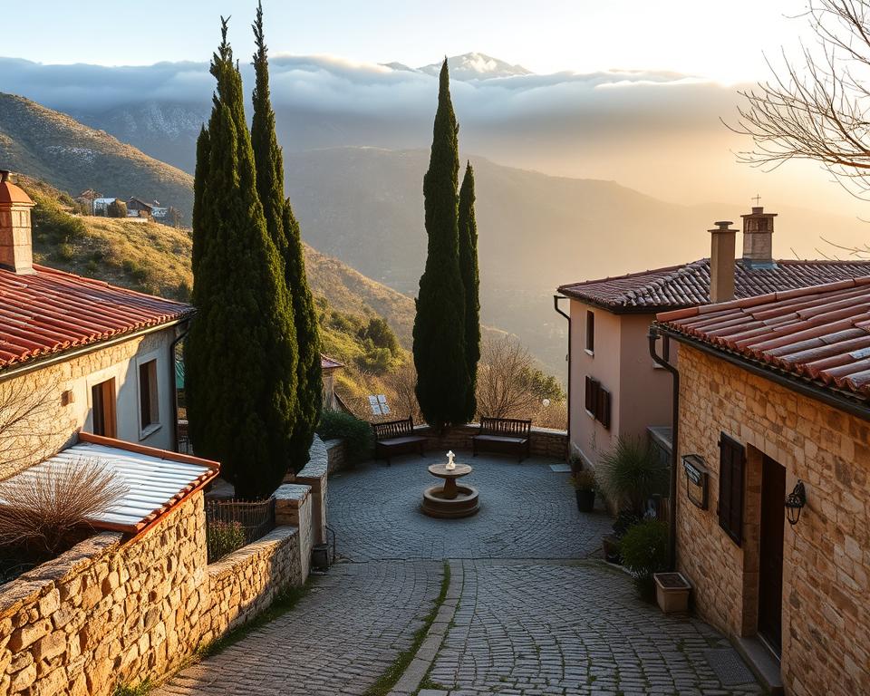 A serene winter scene on Mallorca, showcasing a tranquil, hidden village away from tourist crowds. In the foreground, quaint stone houses with terracotta roofs contrast against the lush green hills, dusted lightly with snow. A cobblestone path meanders through the village, leading to a small plaza adorned with rustic wooden benches and a charming fountain. In the middle ground, tall cypress trees frame the view, their branches lightly swaying in a gentle breeze. The background features dramatic, misty mountains capped with a soft layer of clouds, hinting at the crisp winter air. The lighting is soft and warm, with golden hour sunlight bathing the scene, creating a peaceful and inviting atmosphere. This image encapsulates the essence of a quiet winter getaway in Mallorca.