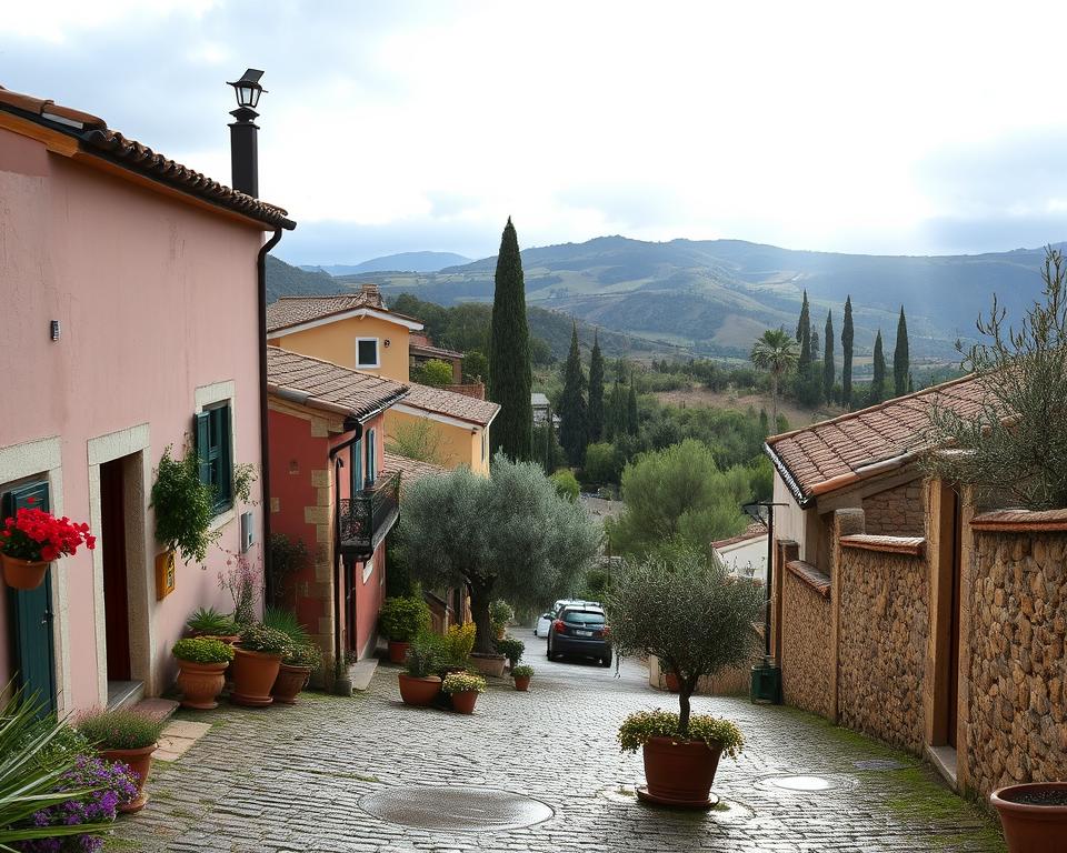 A tranquil winter scene in Mallorca, showcasing the island's lush landscapes during the wetter season. In the foreground, a cobblestone street lined with charming, rustic houses, their colorful facades glistening after a light rain. Potted plants with vibrant flowers and olive trees add warmth to the scene. In the middle ground, rolling hills and cypress trees stretch toward a cloudy sky filled with soft, diffused sunlight. The background features the distant silhouette of the Tramuntana mountains, partially shrouded in mist. Capture the atmosphere of a peaceful winter day, with gentle rain creating puddles, and a serene ambiance. Use a slightly elevated angle to encompass the landscape, with a focus on natural lighting to enhance the colors and textures of the scene.