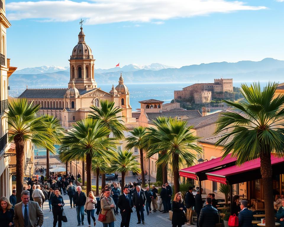 A vibrant and inviting scene of Palma, Mallorca, showcasing famous landmarks like the stunning La Seu Cathedral and the serene Bellver Castle, beautifully illuminated by soft, warm winter sunlight. In the foreground, charming cobblestone streets filled with people in professional and casual attire, enjoying the cultural atmosphere without long wait times. The middle ground features lush palm trees and quaint cafes with patrons leisurely sipping coffee. The background captures the majestic coastline and distant mountains under a clear blue sky, evoking a sense of tranquility and exploration. The image embodies a warm, peaceful winter mood, perfect for illustrating the rich culture and history of Palma.