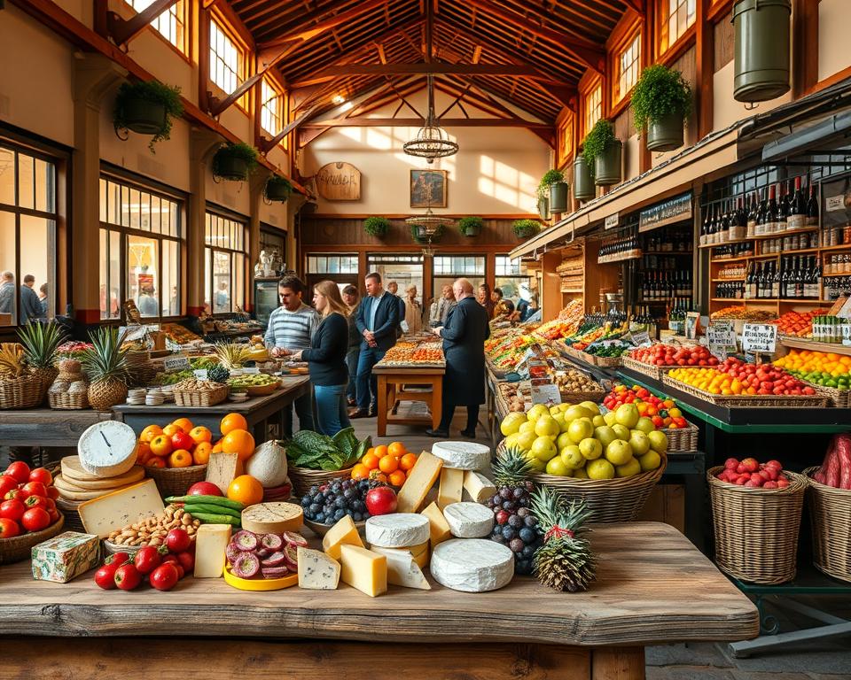 A vibrant scene of Markthalle Palma, showcasing its inviting atmosphere during winter. In the foreground, a rustic wooden table laden with an array of colorful seasonal produce, artisanal cheeses, and traditional Mallorca delicacies, such as aloe vera and sobrasada. The middle ground features the bustling market with friendly vendors in modest clothing, warmly interacting with visitors. Unique stalls with overflowing baskets of fresh fruits, local wines, and handmade crafts create a lively, inviting marketplace. In the background, soft sunlight streams through large windows, illuminating the warm tones of the hall and casting gentle shadows, enhancing the cozy ambiance. The overall mood evokes a sense of warmth, community, and a celebration of winter culinary delights in Mallorca.