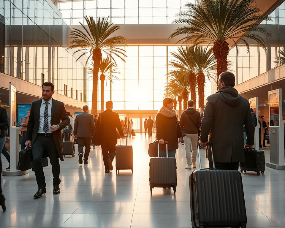 A vibrant winter scene at Palma de Mallorca Airport (PMI), showcasing the terminal’s modern architecture, bustling with activity. In the foreground, travelers dressed in professional business attire and modest casual clothing are wheeling their suitcases towards the entrance, while some are checking flight information on kiosks. The middle ground features the airport's glass facade reflecting the soft golden light of a setting sun, creating a warm atmosphere. In the background, palm trees sway gently, framing the scene with a hint of Mallorca's winter sunshine. The overall mood is one of excitement and anticipation for travel, captured in a wide-angle perspective that emphasizes both the lively atmosphere and the scenic beauty surrounding the airport. Bright, natural lighting enhances the inviting ambiance.