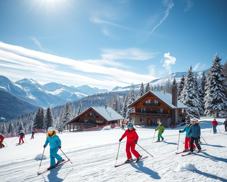 A vibrant winter sports scene in the Sauerland region, showcasing a variety of activities. In the foreground, a group of cheerful skiers dressed in colorful, professional winter attire gracefully navigate the slopes, their skis kicking up fresh powder. In the middle ground, a cozy alpine lodge with smoke curling from the chimney offers a warm refuge, surrounded by snow-laden trees. The background features majestic snow-capped mountains beneath a clear blue sky, with wispy clouds adding depth. The scene is illuminated by soft, diffused sunlight, creating a bright, inviting atmosphere. Capture the exhilarating mood of winter adventure, emphasizing the joy of outdoor sports in this picturesque landscape.