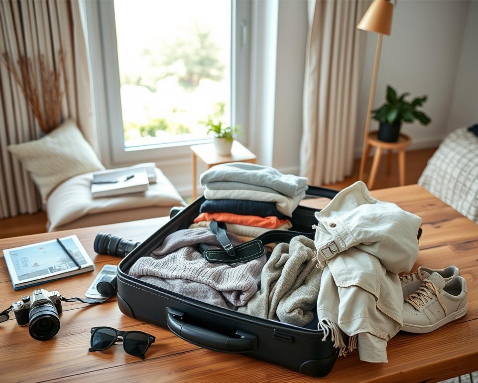 A well-organized packing list for a winter getaway to Mallorca, artistically displayed on a stylish wooden table. In the foreground, an open suitcase filled with neatly folded layers of clothing: lightweight sweaters, a light jacket, a scarf, and a pair of comfortable shoes. Scattered around are travel essentials such as a camera, sunglasses, and a travel guidebook. In the middle ground, a soft, warm blanket suggests cozy evenings, with a small potted plant adding a touch of greenery. The background features a sunny Mallorca landscape through a window, with minimalistic decor reflecting a serene atmosphere. The lighting is bright and inviting, simulating a cheerful winter day. The overall mood combines practicality with a hint of wanderlust, encouraging thoughtful packing for a winter escape.
